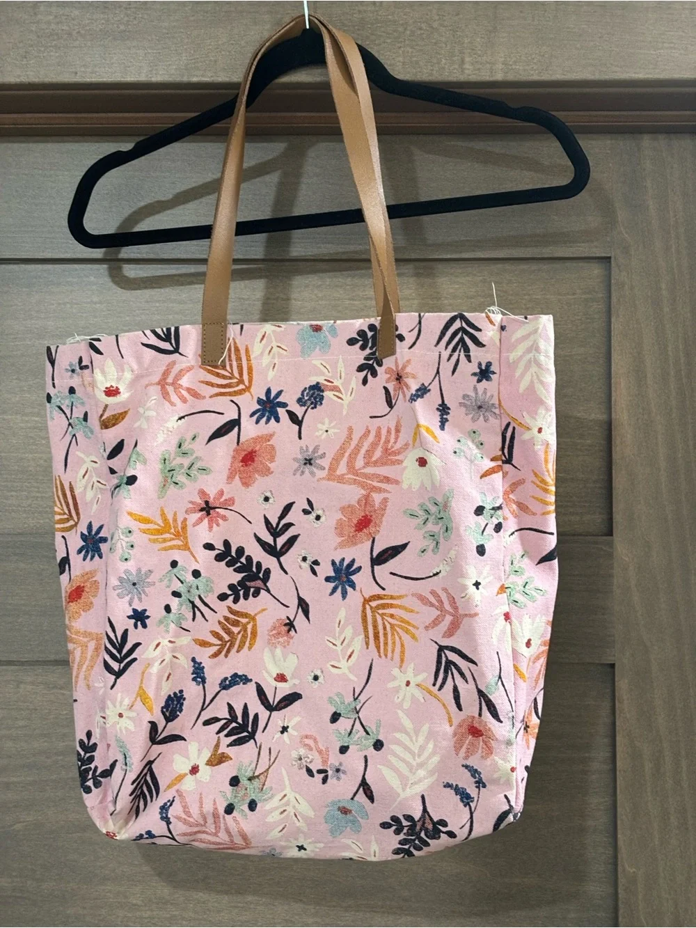 Pink Floral Canvas Tote with Tan Handles - Women's Everyday Bag